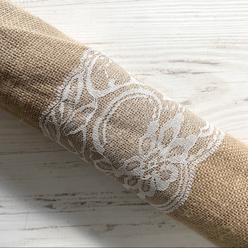 Burlap Jute Table Runner With White Lace 18” x 118”